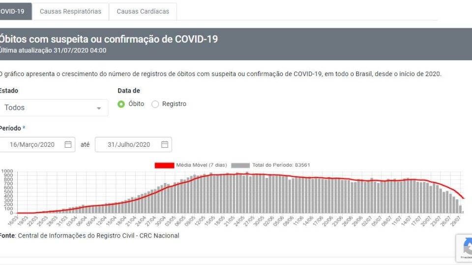 Reprodução da tela do portal da transparência dos cartórios de registro civil mostrando que o pico da pandemia foi em maio