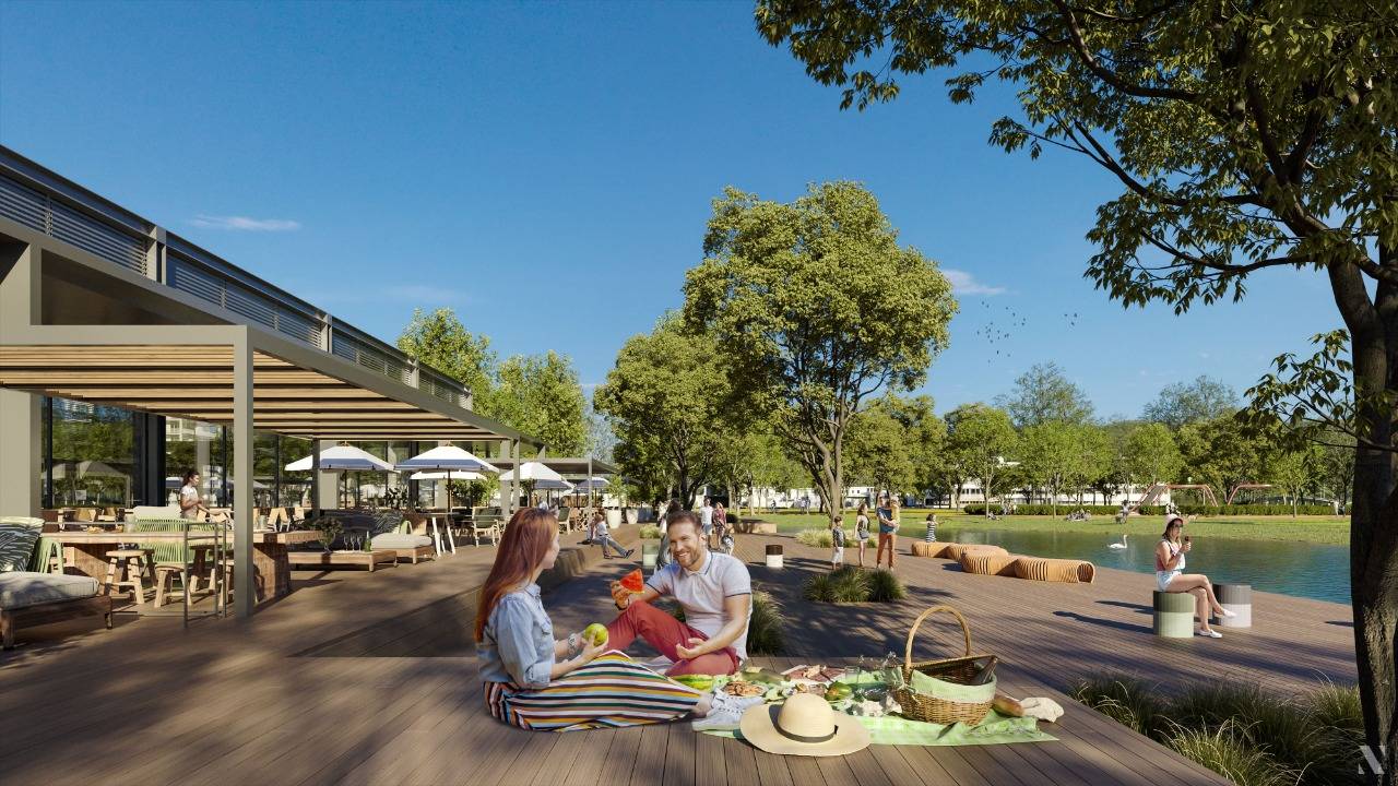 Integração com parque público é destaque no projeto do open shopping. Imagem: Vokkan/Divulgação Integração com parque público é destaque no projeto do open shopping. Imagem: Vokkan/Divulgação