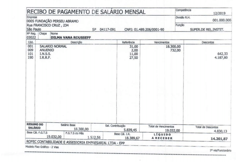 Salário de Dilma - contra-cheque da Dilma