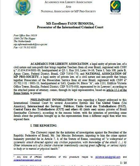Primeira página da carta enviada por professores e promotores de Justiça ao Tribunal Penal Internacional de Haia rebatendo acusações de genocídio contra o presidente Bolsonaro