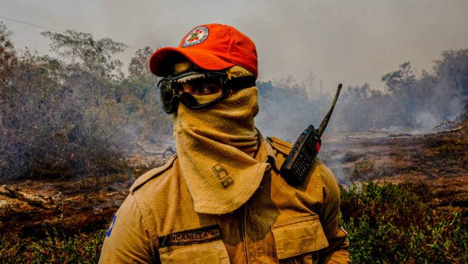 Bombeiro do Mato Grosso em ação de combate às queimadas no Pantanal