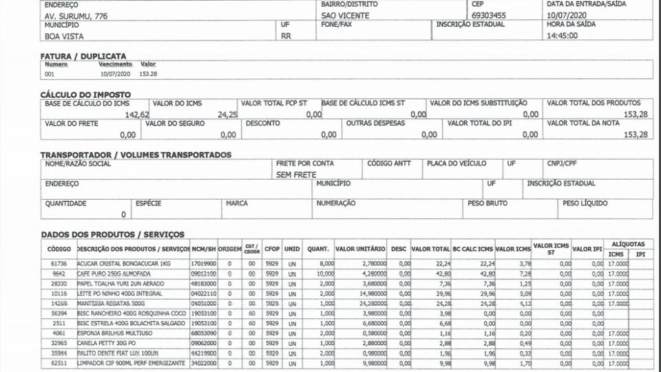 Nota fiscal Chico Rodrigues