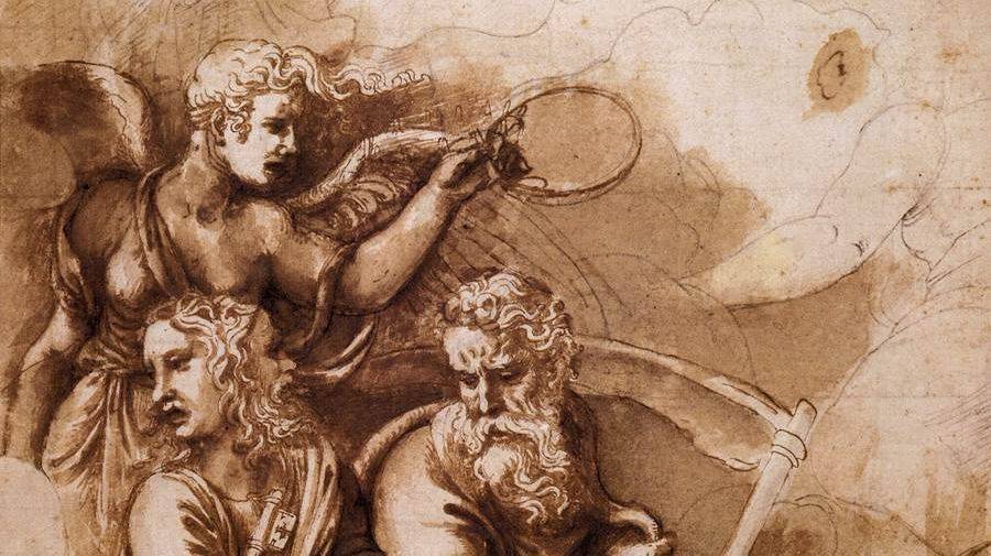 A Vitória, Jano e Cronos em detalhe de gravura de Giulio Romano.