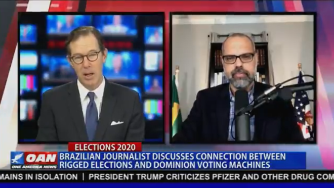 Em entrevista à rede OAN, ligada a Trump, Allan dos Santos fala de supostas fraudes envolvendo a empresa Smartmatic.