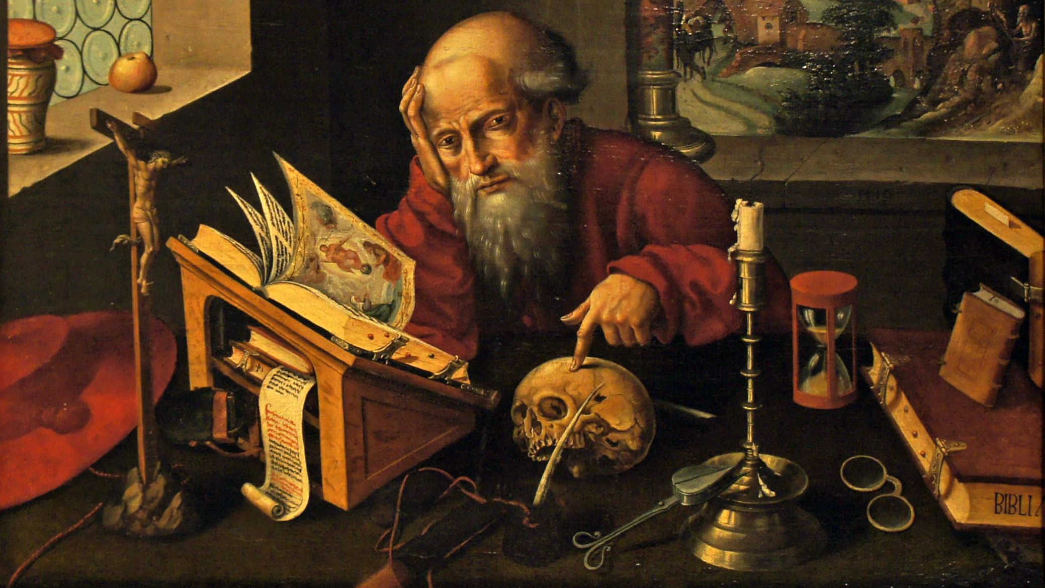 Detalhe de São Jerônimo em seu estudo, de Joos van Cleve.