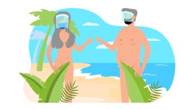 Nu, mas protegido Ilustração praia de nudismo com máscaras