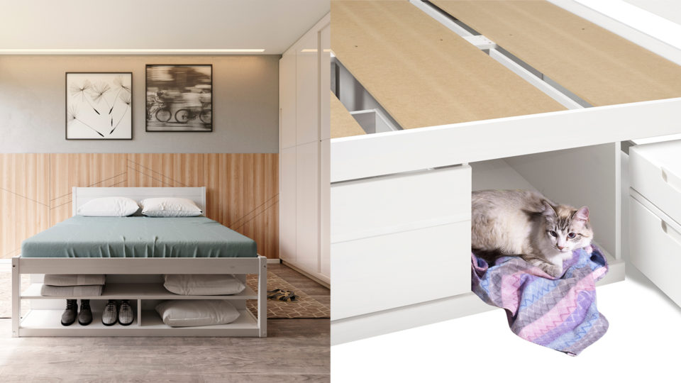 Os produtos voltados para pets deixaram de ser óbvios e permitem que os animais façam parte do universo dos humanos, como no caso da Cama Casal Multifuncional Madeira Maciça Irara, em branco lavado