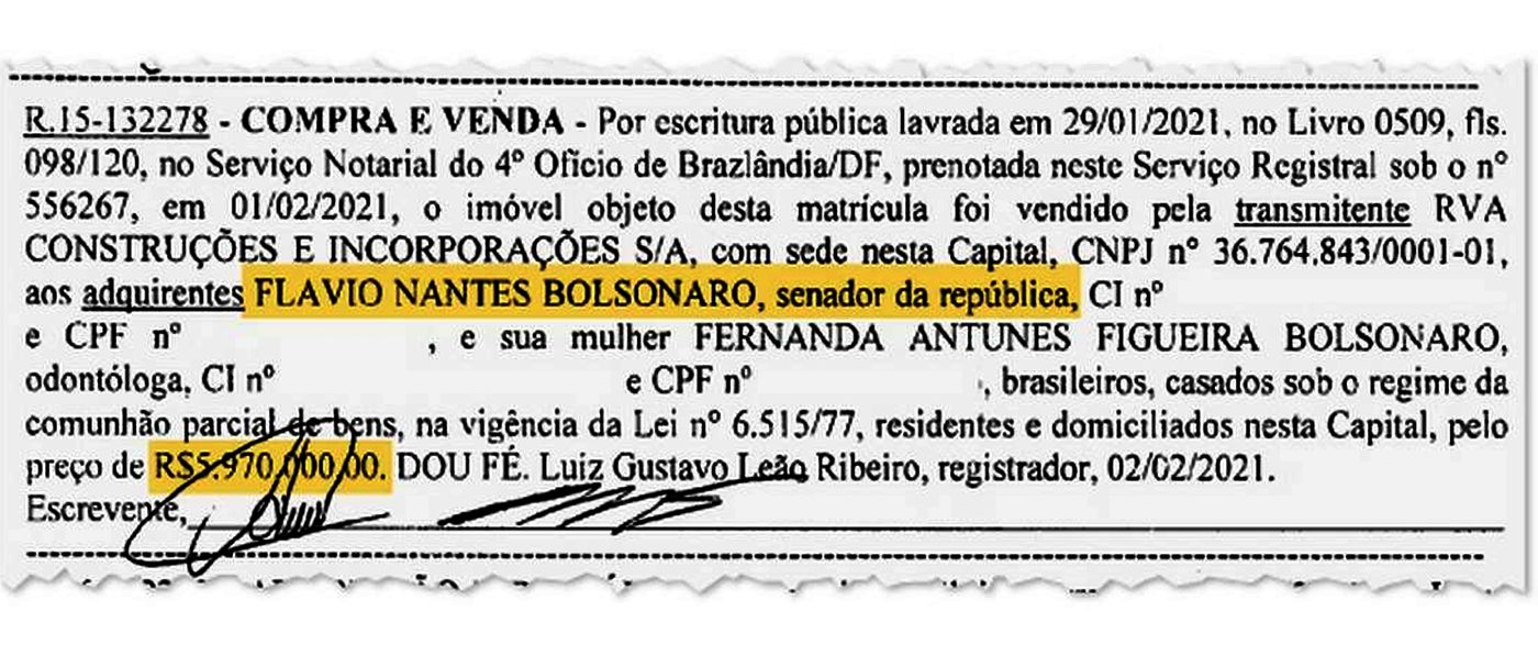 Trecho do registro de compra e venda da mansão por Flávio Bolsonaro divulgado pelo jornal O Globo. Trecho do registro de compra e venda da mansão por Flávio Bolsonaro divulgado pelo jornal O Globo.