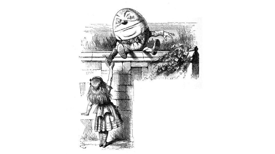 Alice e Humpty Dumpty, em ilustração de John Tenniel para Alice Através do Espelho.