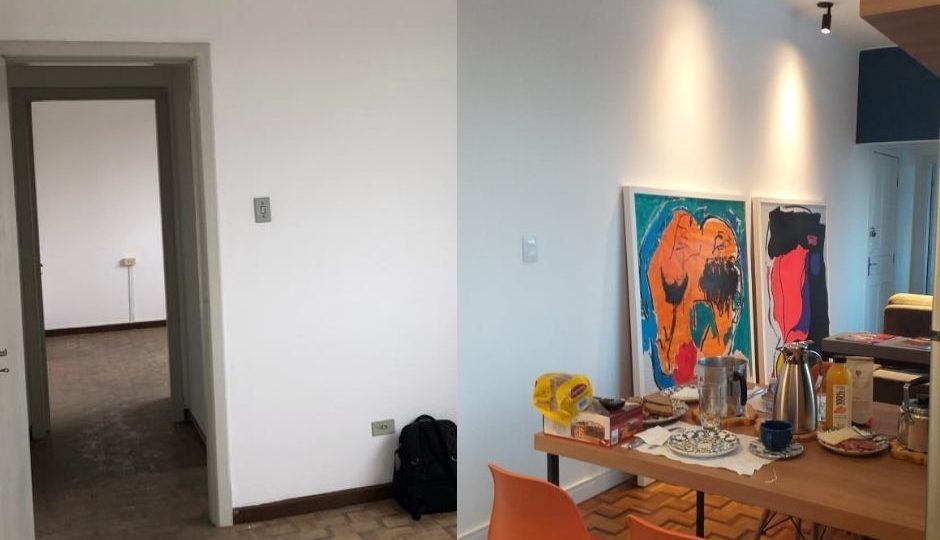 Antes e depois de apartamento modernista: reforma explora tons de azul, cinza e amadeirado Antes e depois de reforma de apartamento modernista de 1954 em Curitiba pela arquiteta Flavia Noronha.