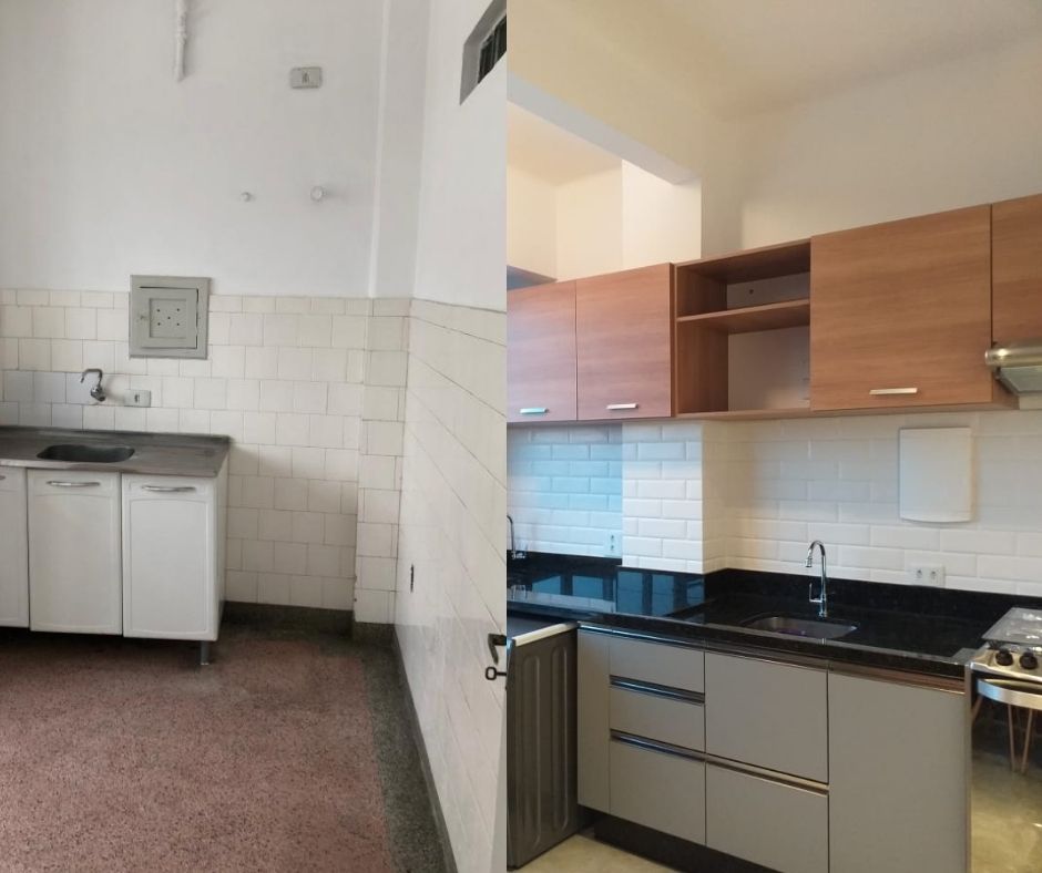 Antes e depois da área da cozinha, que foi integrada aos outros espaços sociais. Antes e depois da área da cozinha, que foi integrada aos outros espaços sociais.