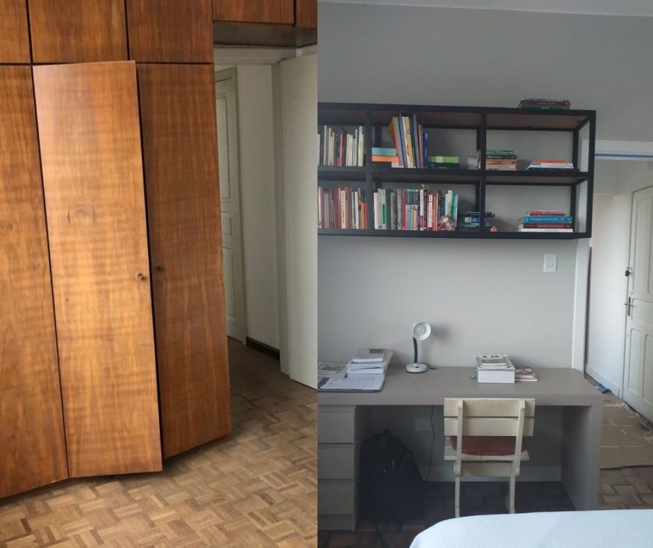 Antes e depois da área do home office no quarto. Antes e depois da área do home office no quarto.