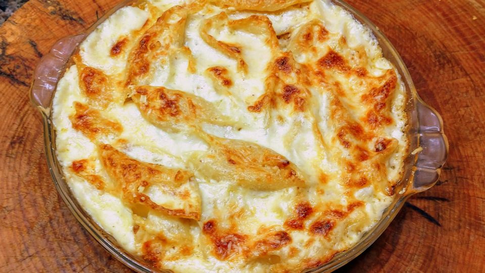 Conchiglioni recheado de figo e ricota. Receita especial para o Dia das Mães Conchiglioni gratinado, recheado com figo seco, ricota e queijo Minas. Prato especial para o Dia das Mães.