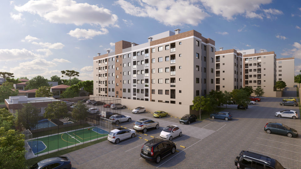 Construtora amplia lançamentos de residenciais “popular premium” na RMC Perspectiva do empreendimento Park Royale, em São José dos Pinhais, com unidades de 2 ou 3 quartos, e até 2 vagas de garagem por apartamento.