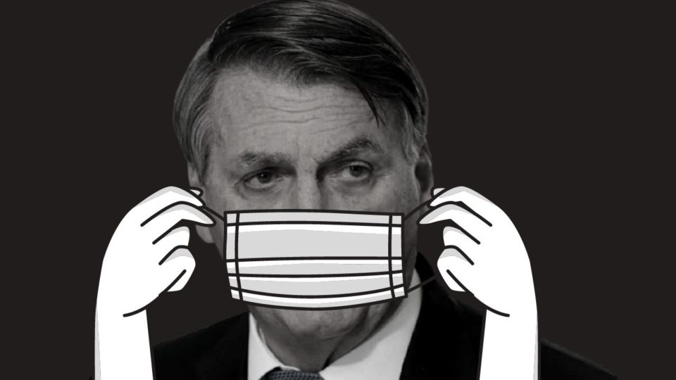Presidente Jair Bolsonaro em montagem com máscara.