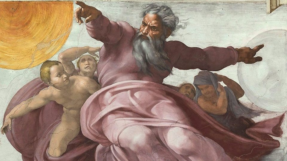 Por que o domingo importa Detalhe do afresco de Michelangelo na Capela Sistina mostrando a criação do Sol, da Lua e dos planetas.