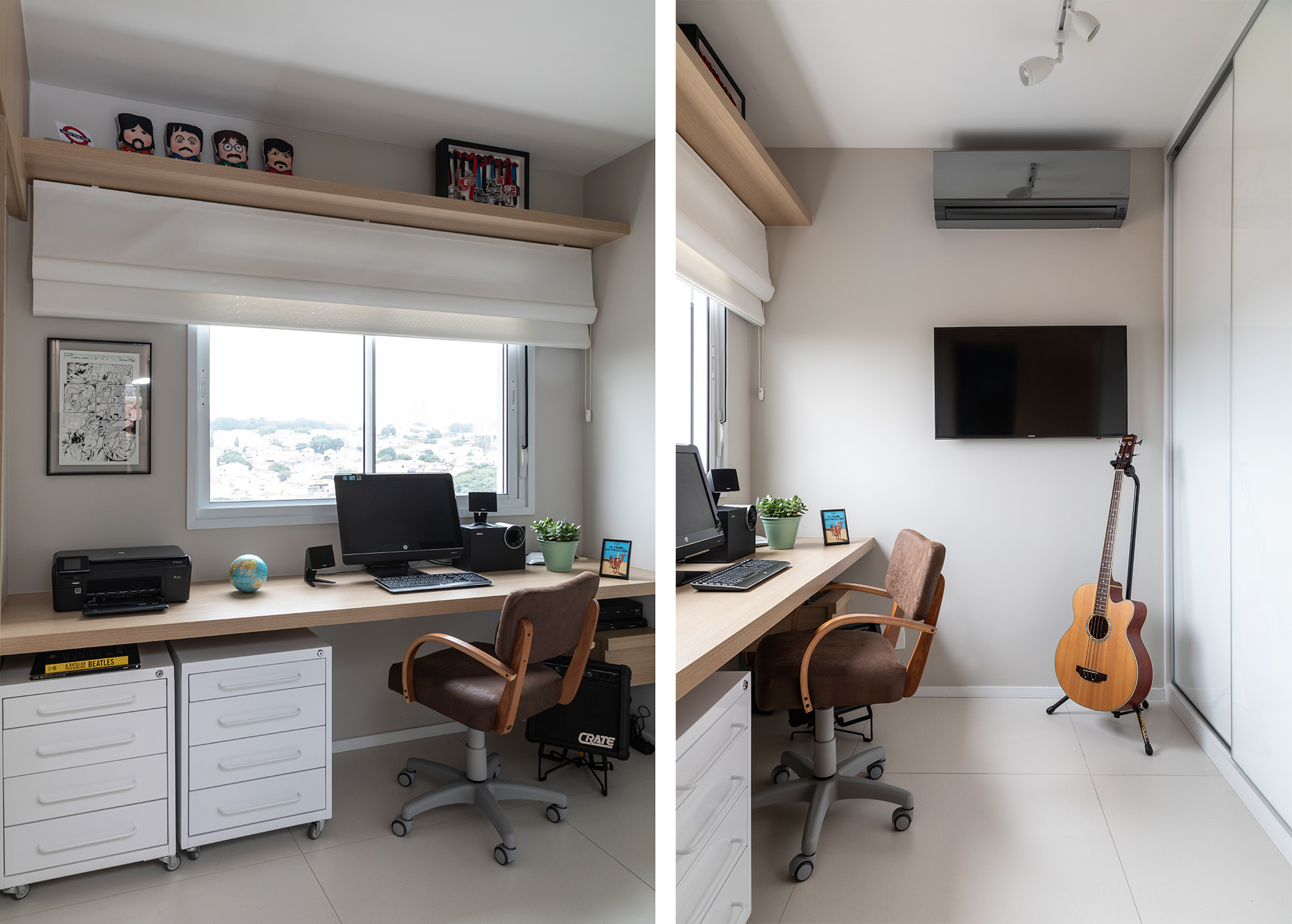 Escritório com bancada, cadeira ergonômica, móveis soltos e iluminação natural permite uma boa rotina de trabalho. Escritório com bancada, cadeira ergonômica, móveis soltos e iluminação natural permite uma boa rotina de trabalho.