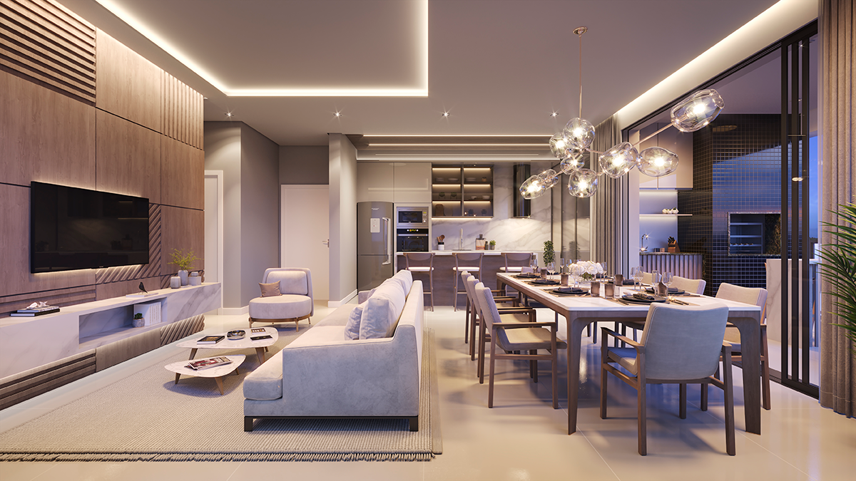 Detalhe do interior de uma unidade, com living, sala de jantar e cozinha integrados, e decoração em tons neutros.