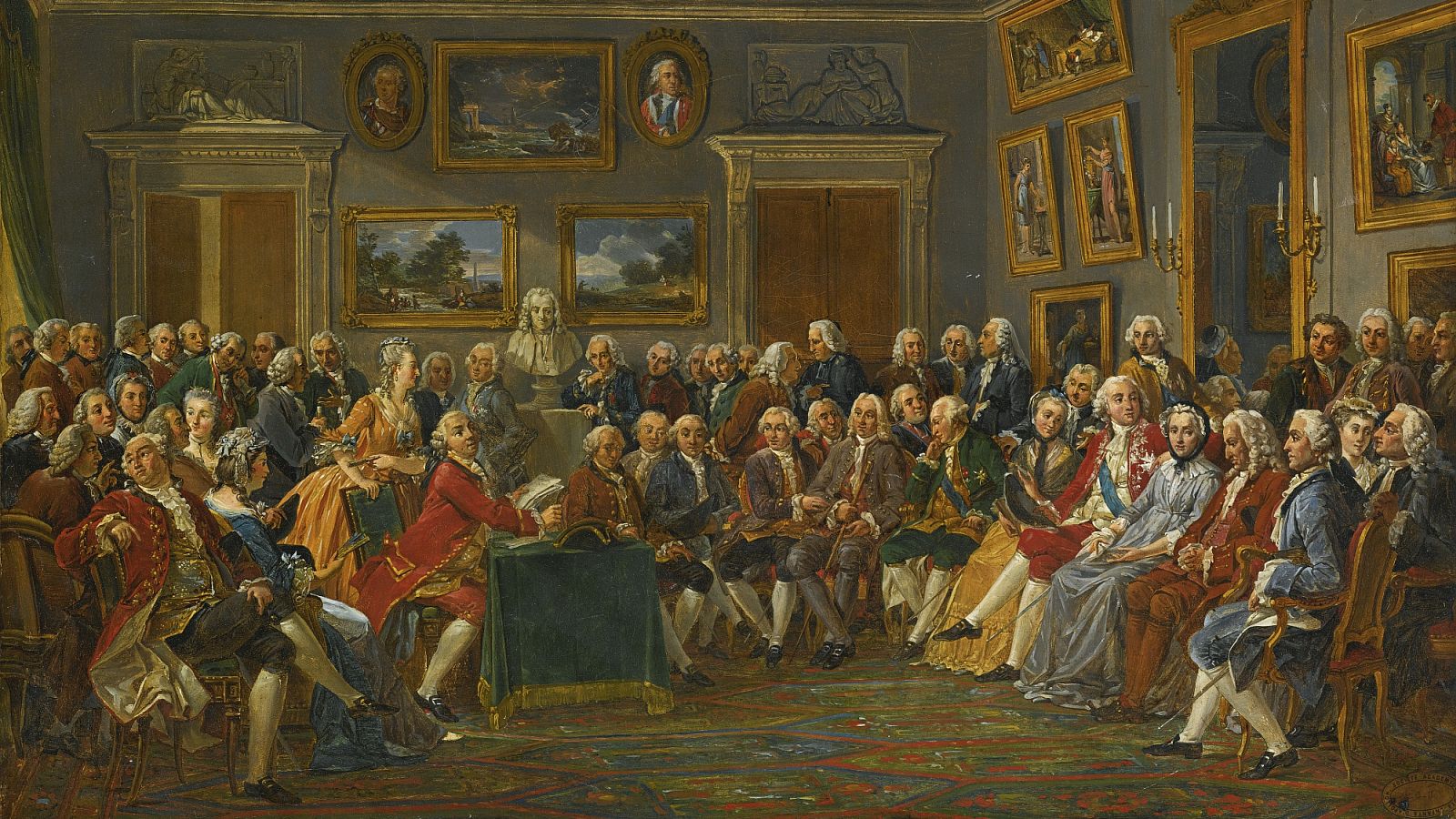 Leitura de uma obra de Voltaire no salão de Madame Geoffrin, em pintura de Anicet Charles Gabriel Lemmonier.
