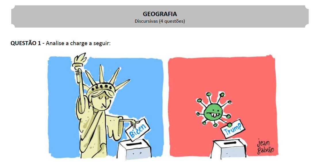 Uma das charges com enviesamento ideológico presentes na prova da UFJF Uma das charges com enviesamento ideológico presentes na prova da UFJF