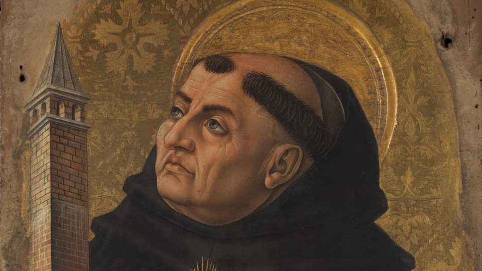 Detalhe de retábulo de Carlo Crivelli com imagem de São Tomás de Aquino.