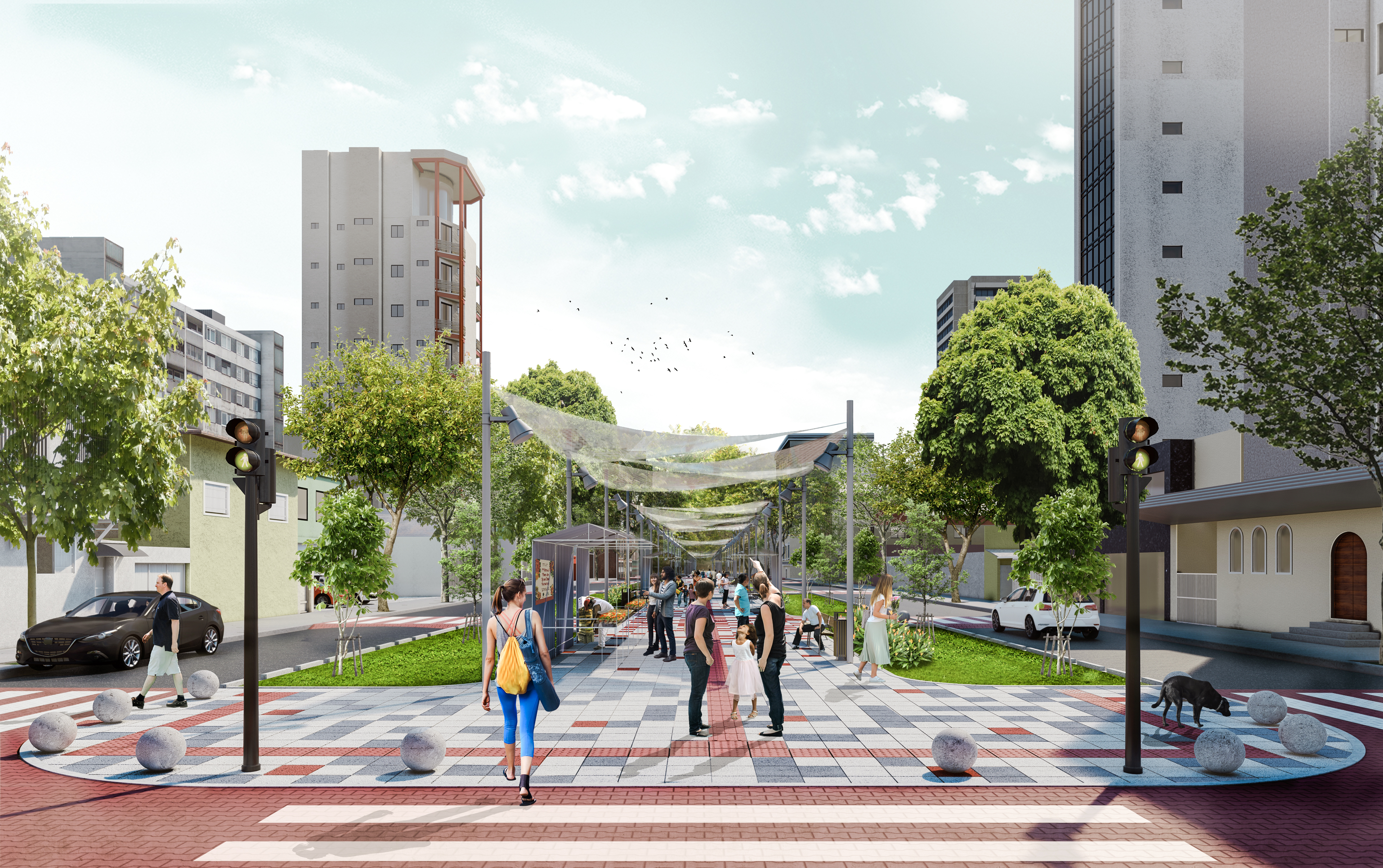 Local abriga feiras locais e compõe conjunto hospitalar tombado. A perspectiva mostra alguns elementos temporários, como os sombrites, para gerar espaços de sombra na via. Local abriga feiras locais e compõe conjunto hospitalar tombado. A perspectiva mostra alguns elementos temporários, como os sombrites, para gerar espaços de sombra na via.