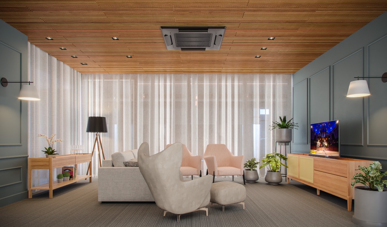 Detalhe do projeto de interiores da unidade residencial, com destaque para móveis soltos e arredondados, assentos não muito profundos, tomadas no alto e bastante iluminação natural. Detalhe do projeto de interiores da unidade residencial, com destaque para móveis soltos e arredondados, assentos não muito profundos, tomadas no alto e bastante iluminação natural.