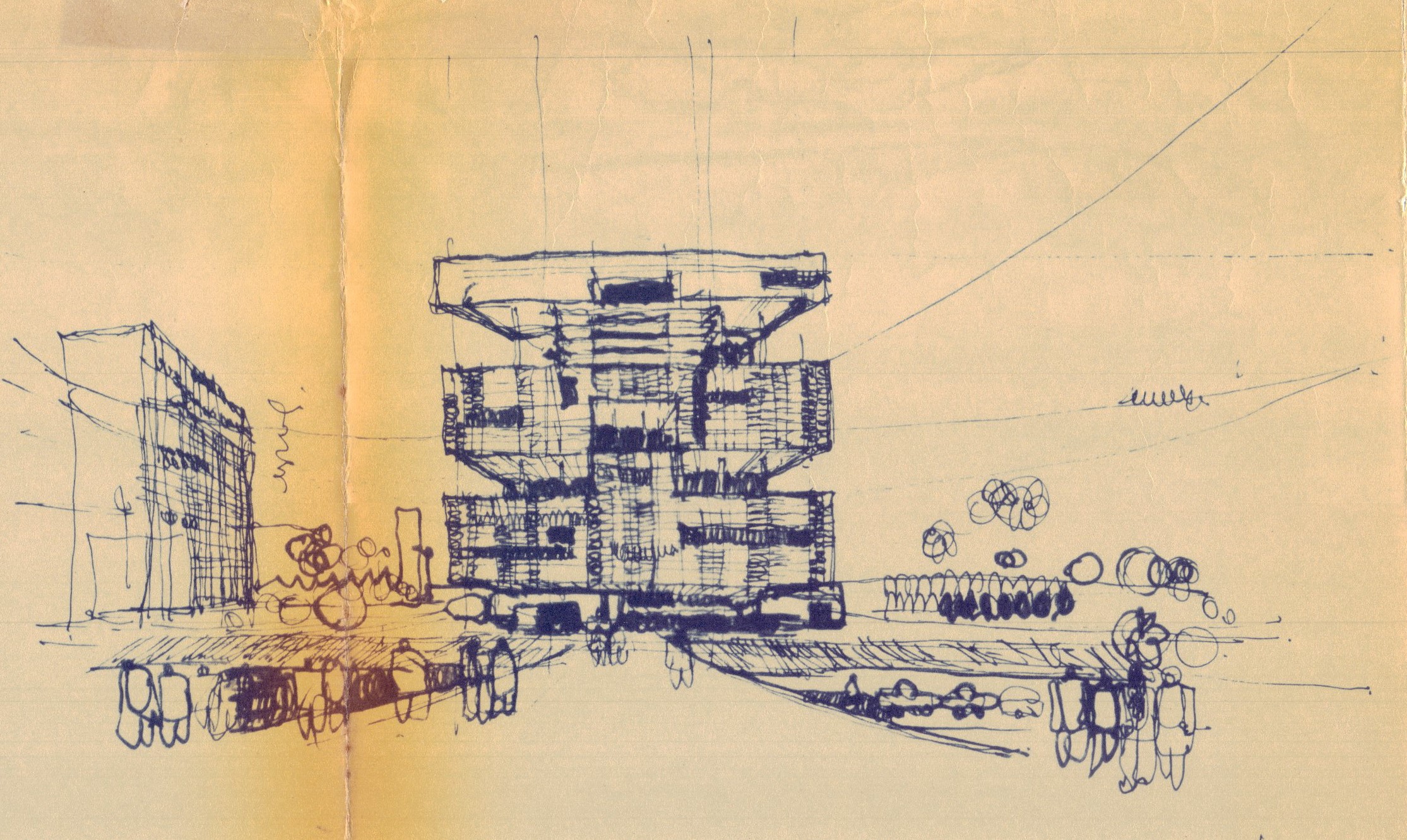 Desenho feito à mão da proposta do edifício para a Petrobras, de 1966. Desenho feito à mão da proposta do edifício para a Petrobras, de 1966.