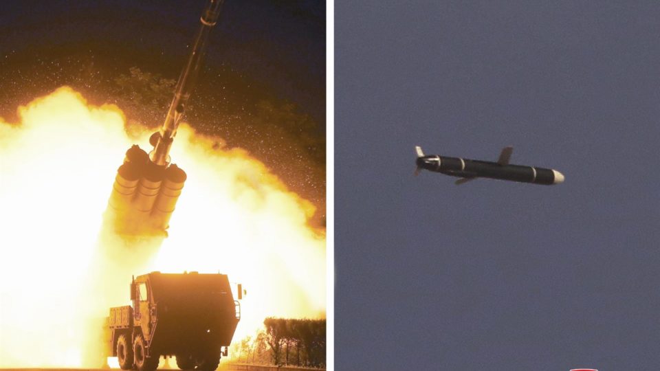 Coreia do Norte realiza teste de míssil de cruzeiro de longo alcance Combinação de fotos divulgada pela agência estatal da Coreia do Norte KCNA, em 13 de setembro, mostra teste de míssil de cruzeiro de longo alcance