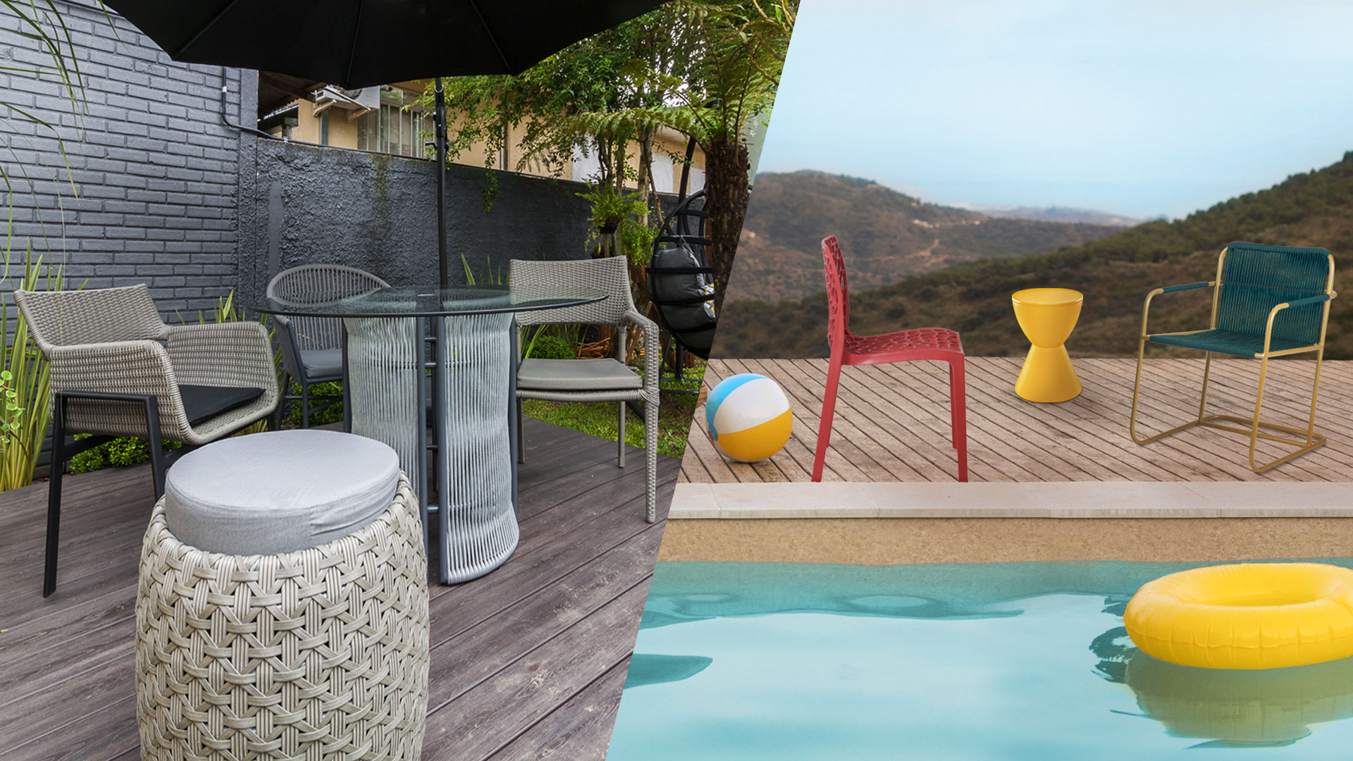 Peças coloridas, com fibras, cordas náuticas, alumínio e polipropileno injetado. Variedade em materiais e design.