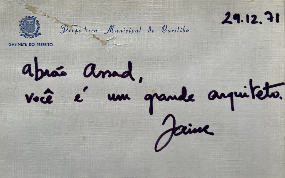 Postal enviado por Jaime Lerner a Abrão Assad. Postal enviado por Jaime Lerner a Abrão Assad.