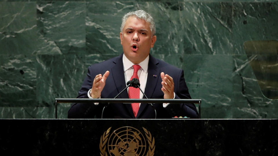 Presidente da Colômbia diz que fim da ditadura é “único caminho viável” para Venezuela O presidente da Colômbia, Iván Duque, discursa na Assembleia Geral das Nações Unidas, em Nova York, 21 de setembro