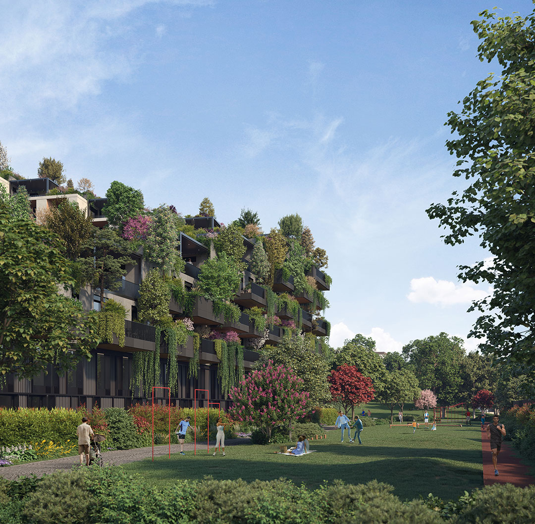 Apartamentos serão dispostos de forma espiralada e crescente ao redor da área verde central. Apartamentos serão dispostos de forma espiralada e crescente ao redor da área verde central.