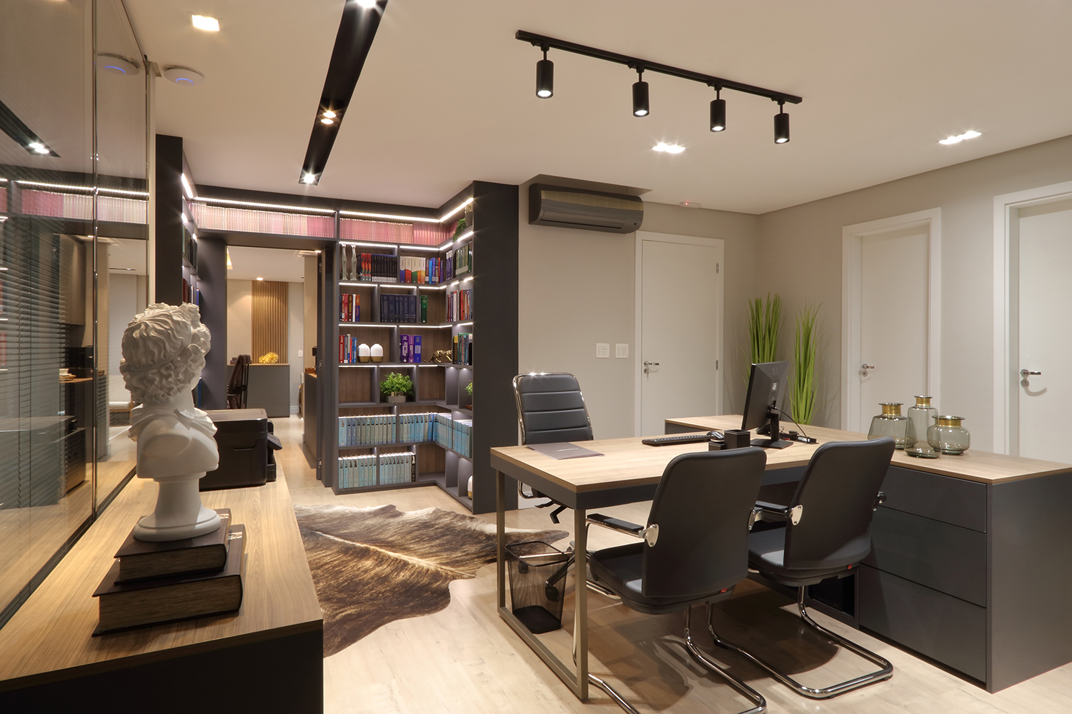 Fitas de LED destacam livros e itens decorativos. Fitas de LED destacam livros e itens decorativos.