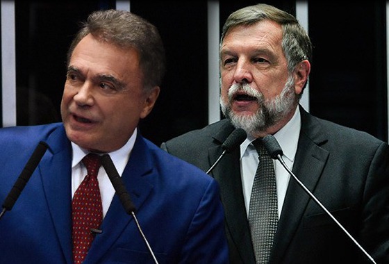 À espera de Sergio Moro, senadores do Paraná defendem procurador demitido por outdoor Alvaro Dias e Flávio Arns no plenário do Senado.