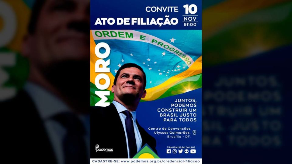 Podemos divulga convite e confirma filiação de Moro para 10 de novembro O Podemos divulgou o convite oficial da cerimônia de filiação do ex-juiz da Lava Jato Sergio Moro.