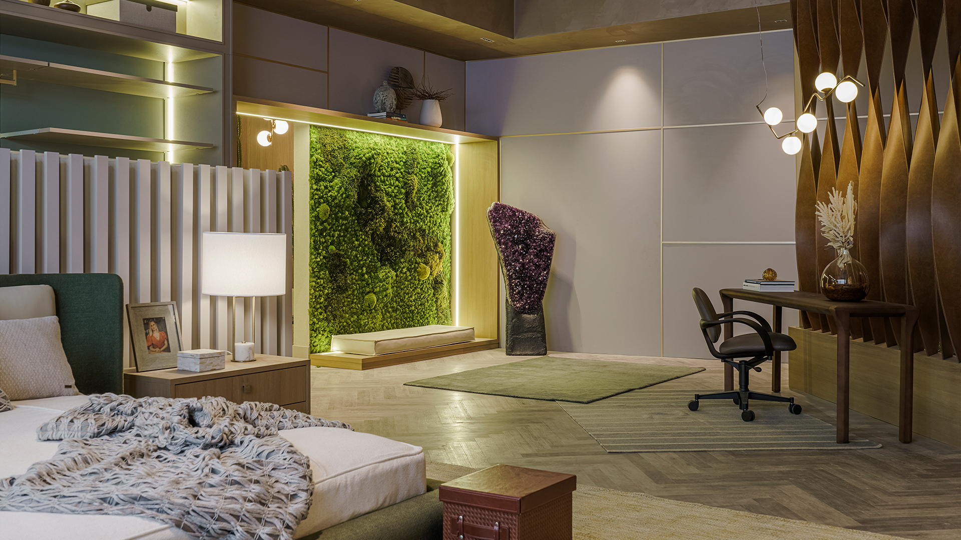 Projeto de Viviane Busch usou iluminação da Ideally para conferir descontração e tranquilidade ao quarto