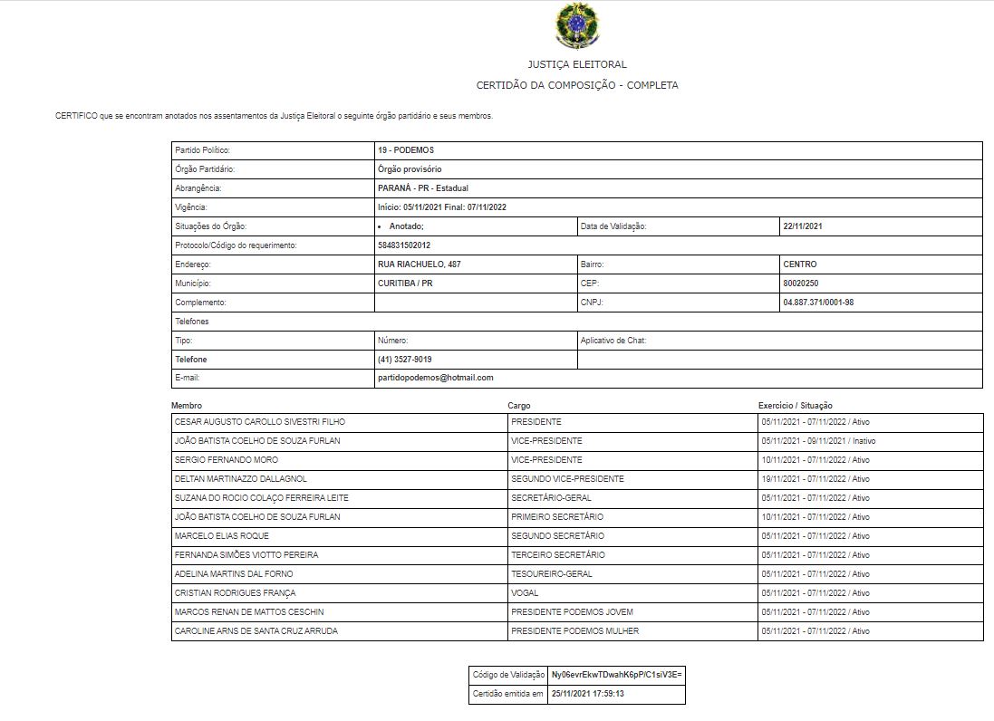 Certidão com a composição da Comissão Provisória do Podemos-PR<br /> Certidão com a composição da Comissão Provisória do Podemos-PR<br />