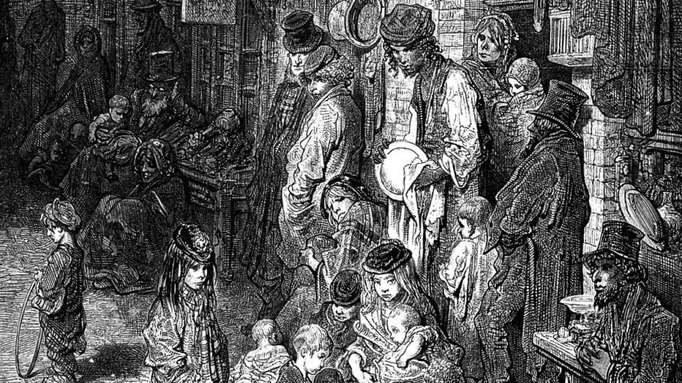 Detalhe de gravura de Gustave Doré mostrando um cortiço em Londres, no fim do século 19.