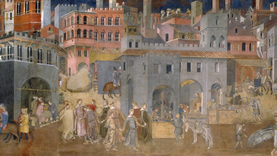 "Efeitos do bom governo", parte do conjunto de afrescos da "Alegoria do bom e do mau governo", de Ambrogio Lorenzetti.