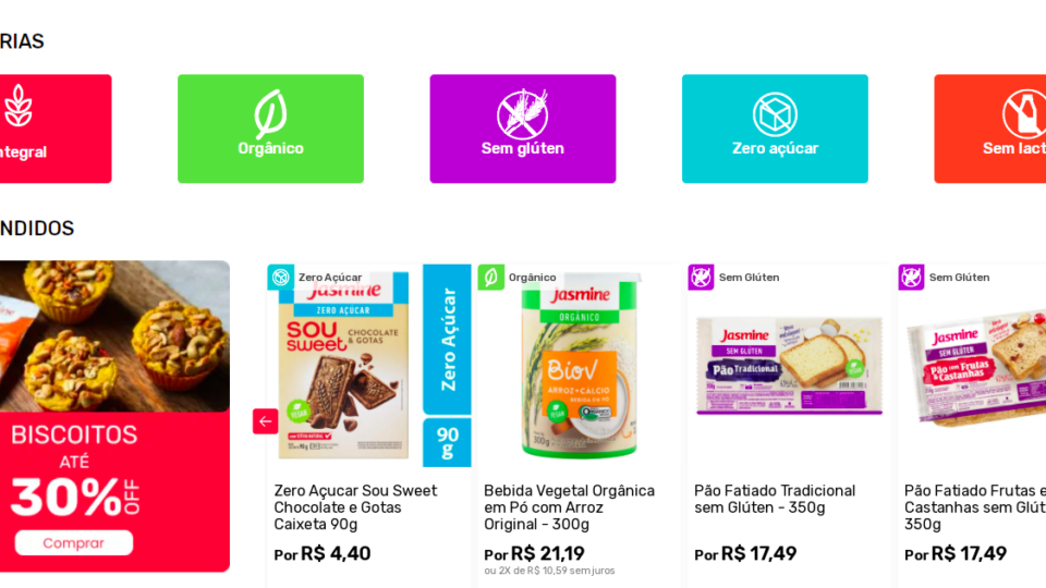 Para levar produtos a todo o país – e até ao exterior, Jasmine lança e-commerce próprio Print da loja virtual da Jasmine, mostrando alguns produtos e preços.
