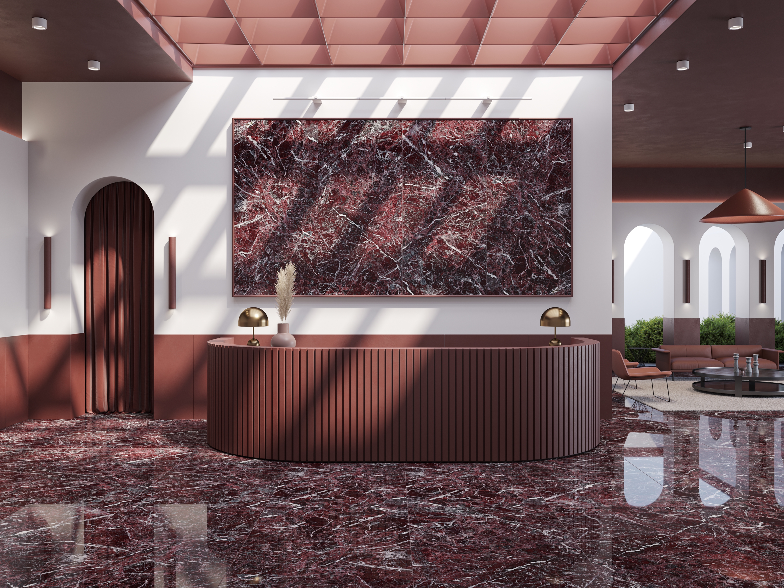 Porcelanato da Roca que reproduz o mármore Rosso Lepanto, extraído da Turquia. Possui um fundo vermelho cereja profundo e intenso que contrasta com veios brancos marcantes.