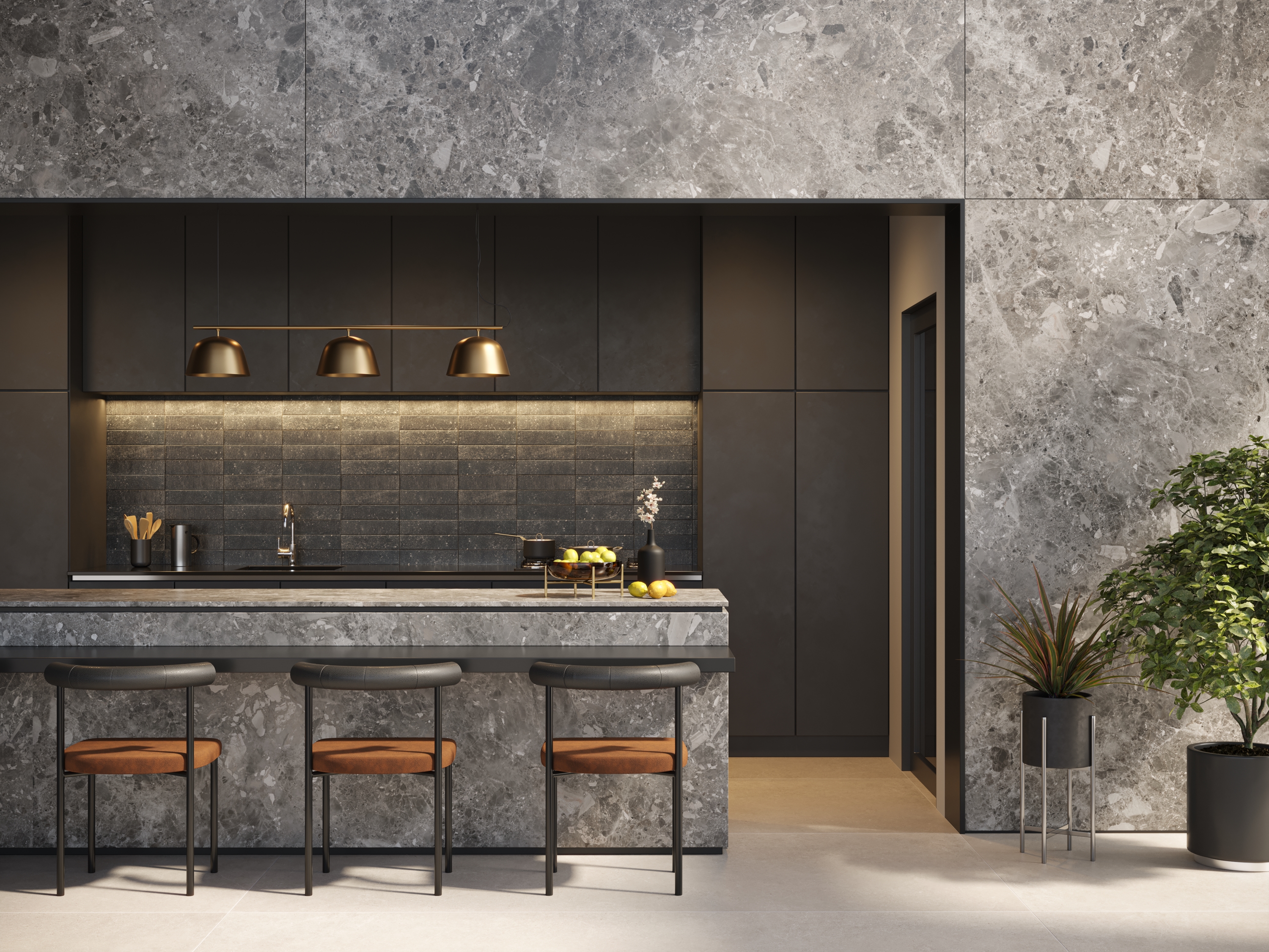 Porcelanato da linha Ceppo di Gre que reproduz com precisão a pedra italiana que apresenta grandes “seixos” e sedimentos minerais incrustados em sua superfície. Porcelanato da linha Ceppo di Gre que reproduz com precisão a pedra italiana que apresenta grandes “seixos” e sedimentos minerais incrustados em sua superfície.