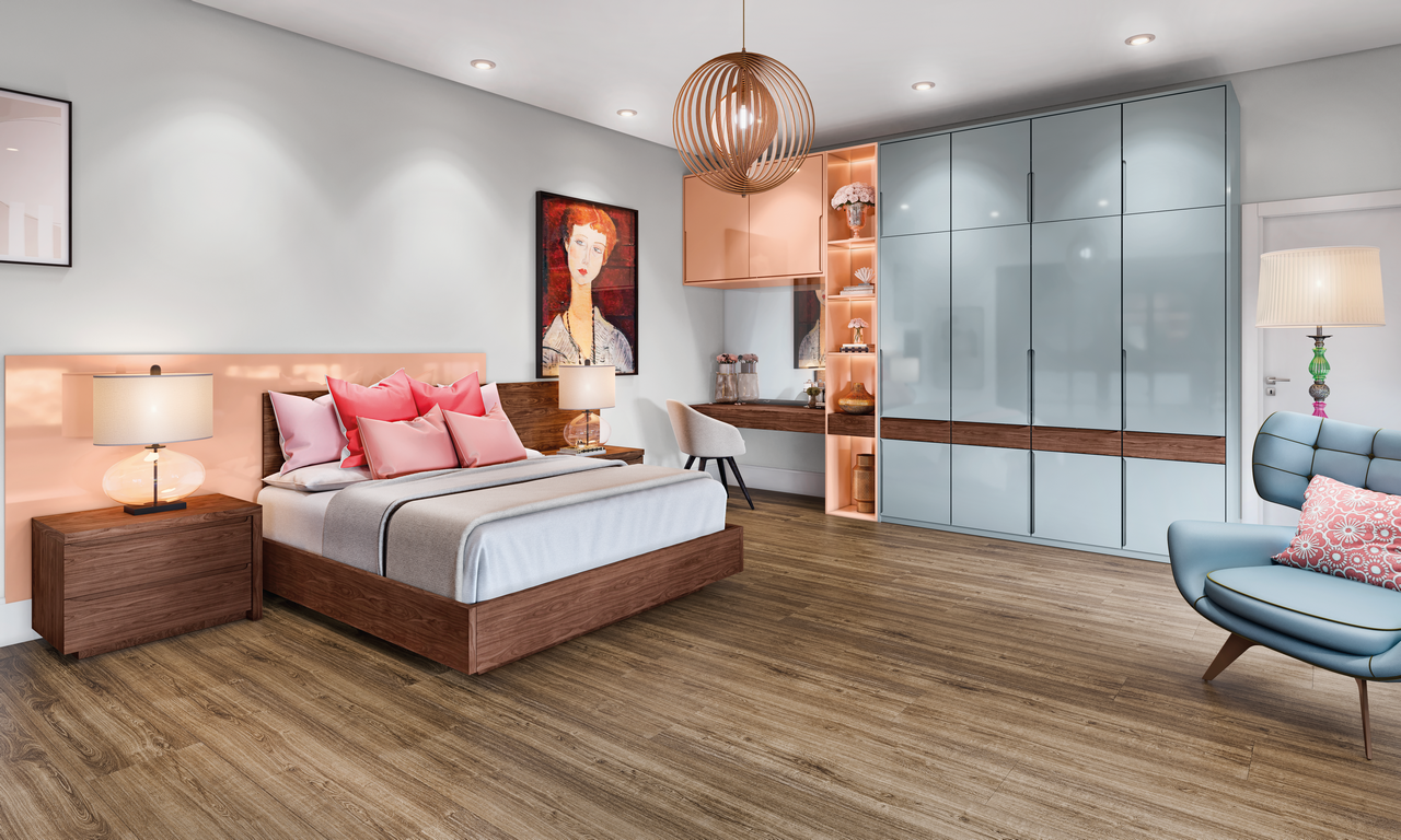 A Eucatex traz um MDF de padrão freijó escuro e MDFs com efeito laqueado, como o Grey Sky e o Sand Color, presentes no espaço de home office e nos armários. A Eucatex traz um MDF de padrão freijó escuro e MDFs com efeito laqueado, como o Grey Sky e o Sand Color, presentes no espaço de home office e nos armários.