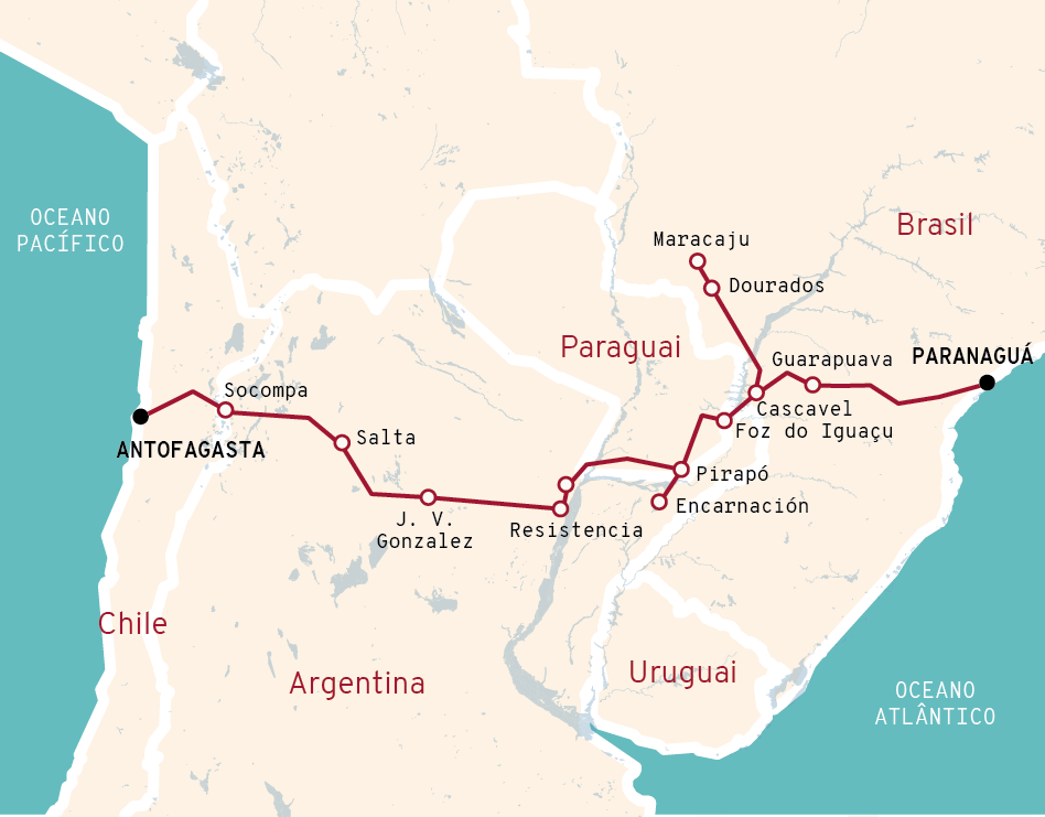 Corredor Bioceânico de Capricórnio vai conectar os oceanos Atlântico e Pacífico por ferrovia. Corredor Bioceânico de Capricórnio vai conectar os oceanos Atlântico e Pacífico por ferrovia.