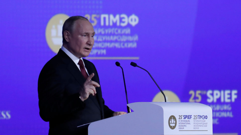 Putin says he is not opposed to Ukraine joining the EU as it is not a military alliance Russian President Vladimir Putin at the St Petersburg Economic Forum.