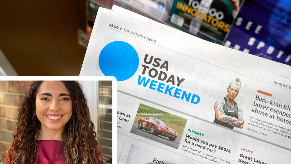Gabriela Miranda justaposta a uma foto da edição impressa do jornal USA Today