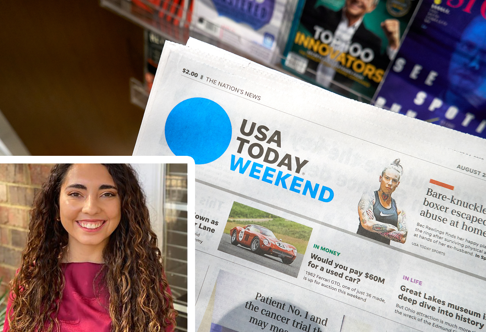 Gabriela Miranda justaposta a uma foto da edição impressa do jornal USA Today