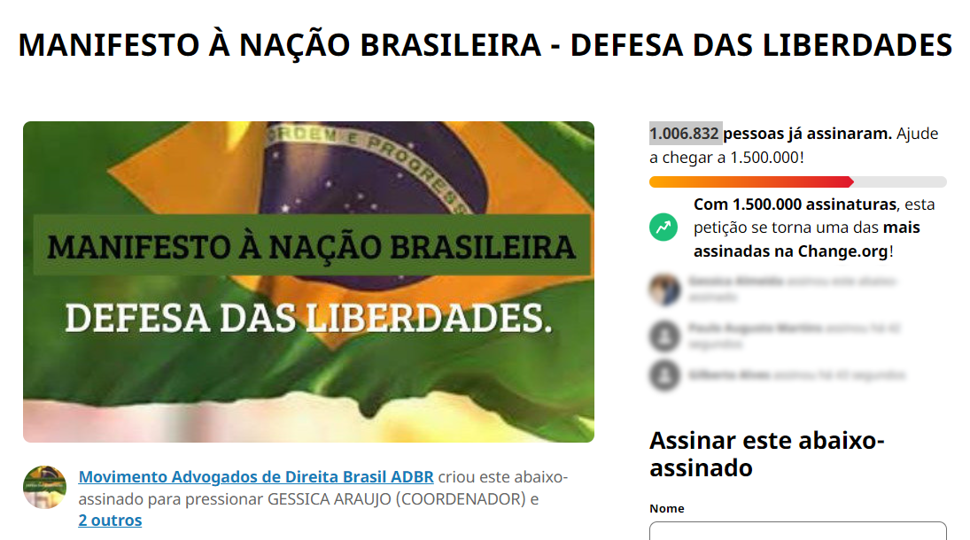 Carta pela democracia lançada por advogados de direita bate 1 milhão de assinaturas