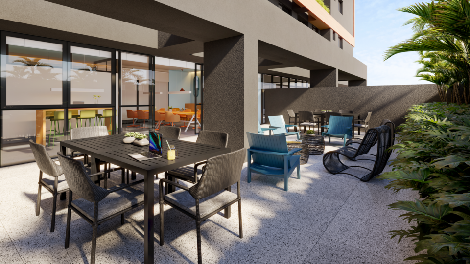 Espaço coworking externo do empreendimento Piemonte Croma Imagem: Incorporadora e Construtora Piemonte 